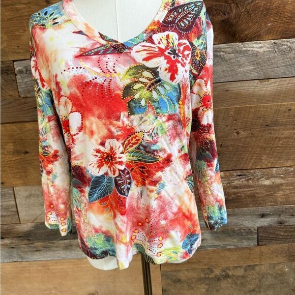 Chico’s Colorful Floral 3/4 Long Sleeve Tee EUC SZ 1 - Picture 1 of 8